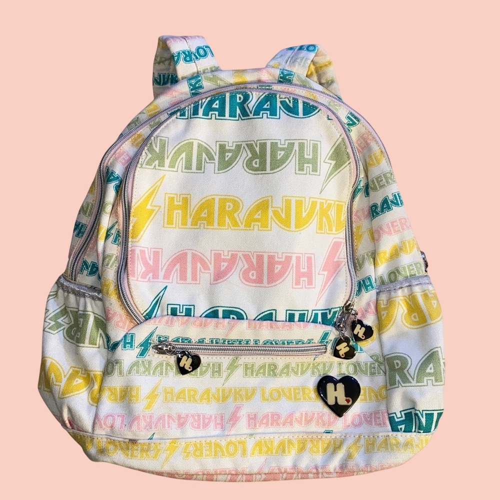 Y2K Harajuku Lovers Pastel Logo Mini Backpack Gwen Stefani Canvas Heart Charms